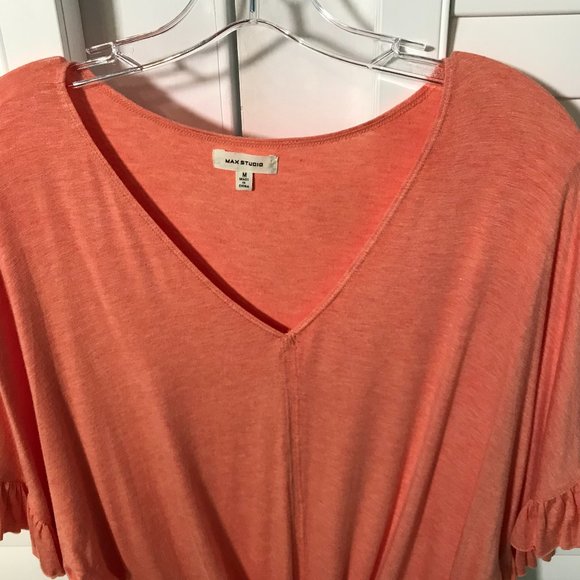 Max Studio coral/orange v-neck ruffle sleeve top with tie front - Size Large - Picture 5 of 10